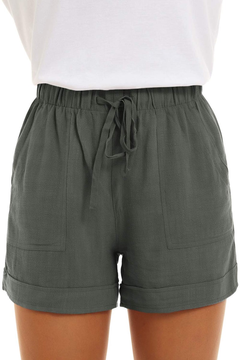 KINGFEN Shorts for Women Casual Summer Women Linen Pocketed Summer Woman Pull On Short Drawstring Elastic Waist Solid Loose Short Pants Outerwear Sage Green Small - Image 3